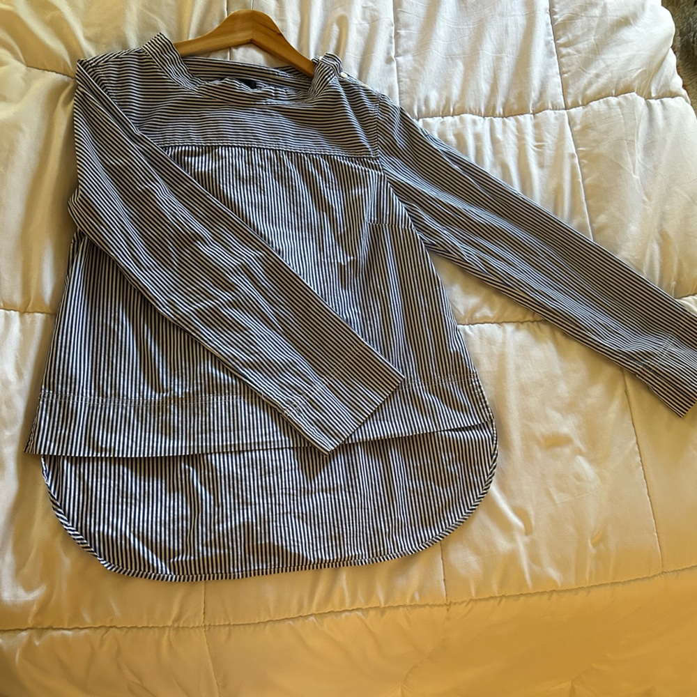 J. Crew White and Blue Boxy Long Sleeve Blouse